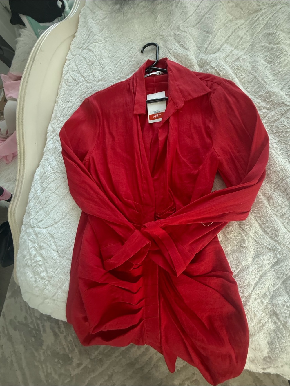 Zara Red Long Sleeve Wrap Dress with Ruched Waist